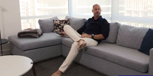 Stepdad kisses teen and barebacks him on the couch anal