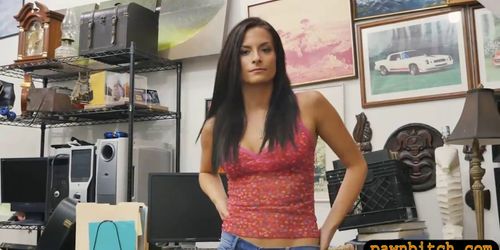 Tight babe convinced to fuck pawn dude at the pawnshop