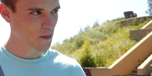 Twinks enjoy bareback sex together by the pool outdoor