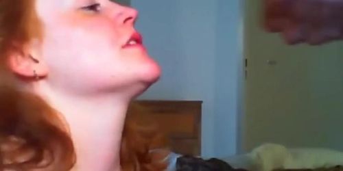 Redhead neighbour sucks a guys cock till happy end