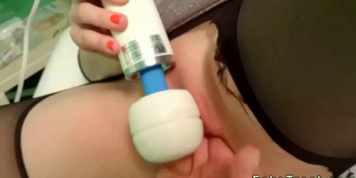 Babe plays with massage tool in fake hospital