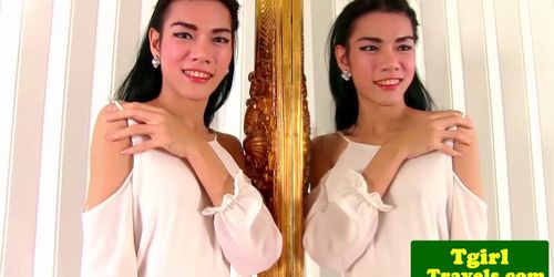 Busty sensual ladyboy Mia jerks her cock