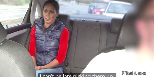 Tanned Euro nanny bangs in fake taxi in public