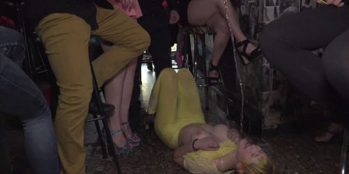 Yellow haired slave fucked in public