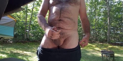 Jerking off outdoors in back yard cum shot public