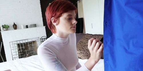 Getting his big dick sucked by a redhead teen 