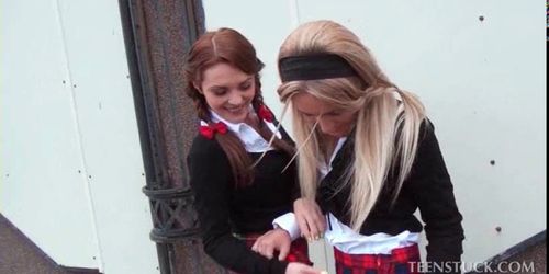 Cute school girls picked up for a car 3some