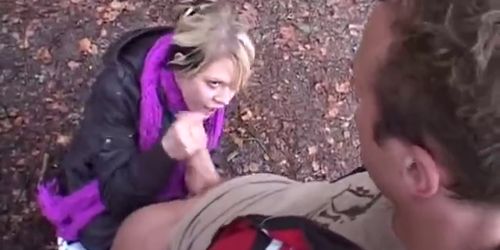 cute blonde sucks cock in the woods