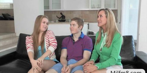 Stepmom Brandi Love hot 3way with teen couple on sofa