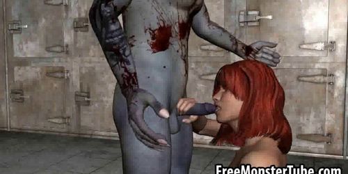 3D redhead sucks cock and gets fucked by a zombie