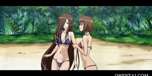 Two hentai girls fucked in 3some at the beach