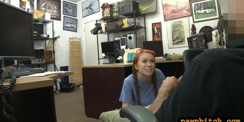 Pretty redhair teen sucks off and boned at the pawnshop