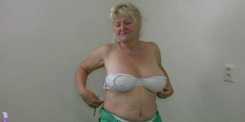 Chubby Grandma does strip in home gym