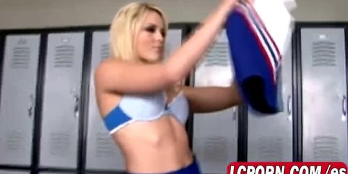 Blonde cheerleader seduced locker room cowgirl