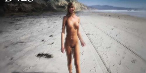 Shaved Blonde Bikini Model Naked On a Public Beach 