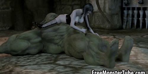 Foxy 3D babe fucking an orc with a strap on dildo