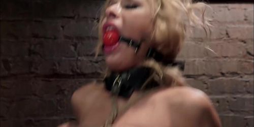 Bound blonde fucked with cock and dildo