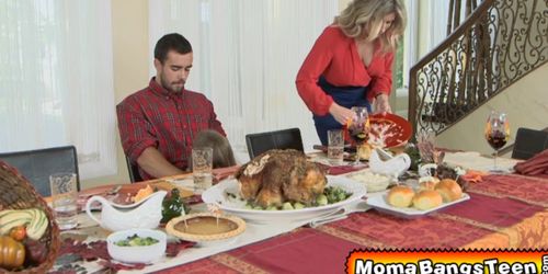 Horny threesome fucking on Thanksgiving day