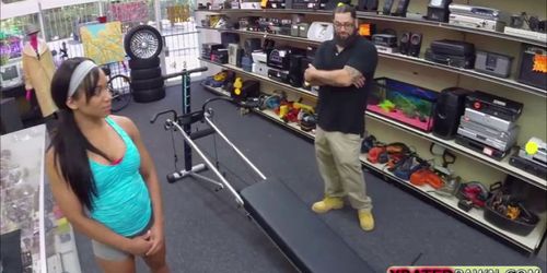 Busty Brunette Black Muscled Chick go wild in the shop