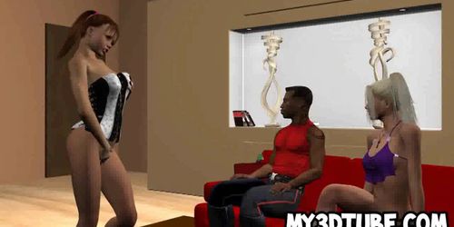 Tasty 3D cartoon brunette sucking on a black cock