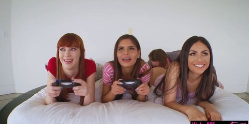 Three teens sharing a hard cock after playing video gam