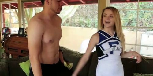 Slutty blonde cheerleader wants to suck his hard cock