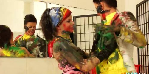 Mature Lesbian Smears Paint On A Friend