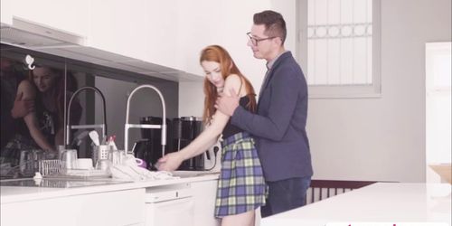 Skinny teen Charlie Red sucks a bigcock in the kitchen