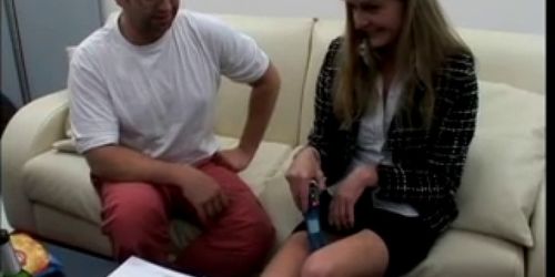 Blonde uses vibrator on her twat while 2 guys watch