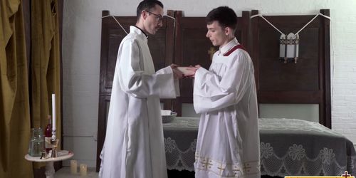 Young altar boy obeys old man and gets ass banged hard