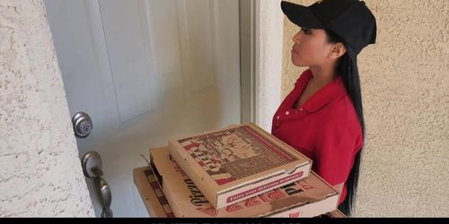 Asian Pizza delivery teen fucked by two customers