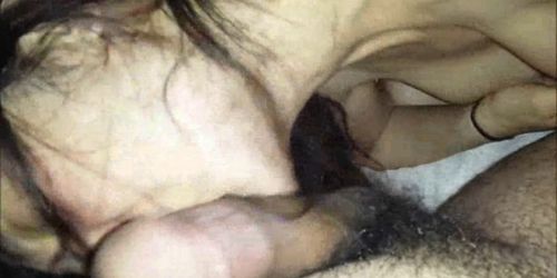 Asian chick sucking a hairy dick