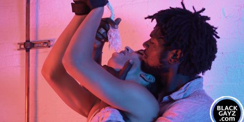 Black hunk handcuffs twink and ass fucks him bareback