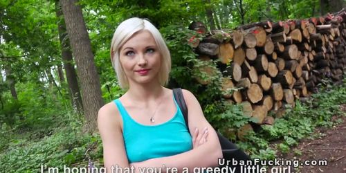 Petite Euro blonde fucks stranger in forest