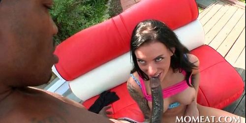 Hot brunette sucks and tit fucks black huge dick