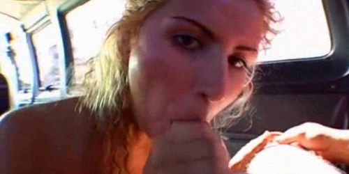 Dick eating blonde pussy banged in the bus