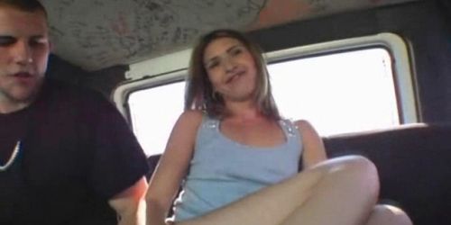 Slim girl gets hairy muff fucked in the sex bus