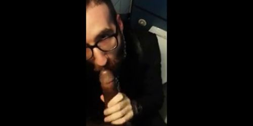 Hot bearded guy sucking guy in public restroom