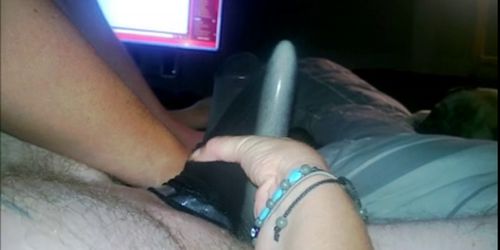 My vibrator in ass and he cum in my stocking