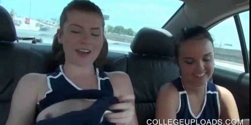 College cheerleaders having a car 3some