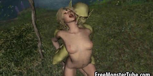 3D blonde elf fucked in the woods by a goblin